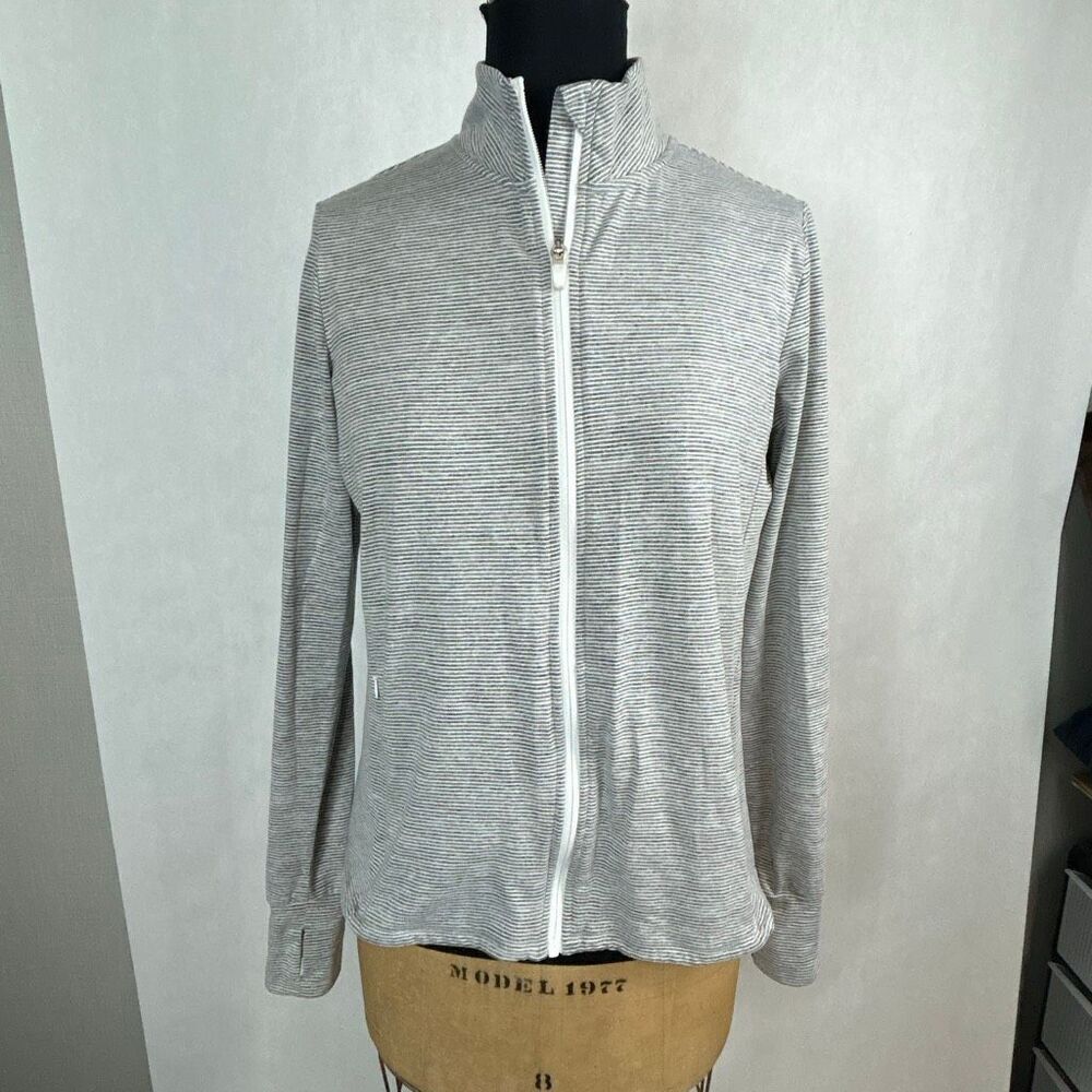 Market & Spruce Active Athletic Jacket Sz Large Gray White Stripe Quick Dry Zip